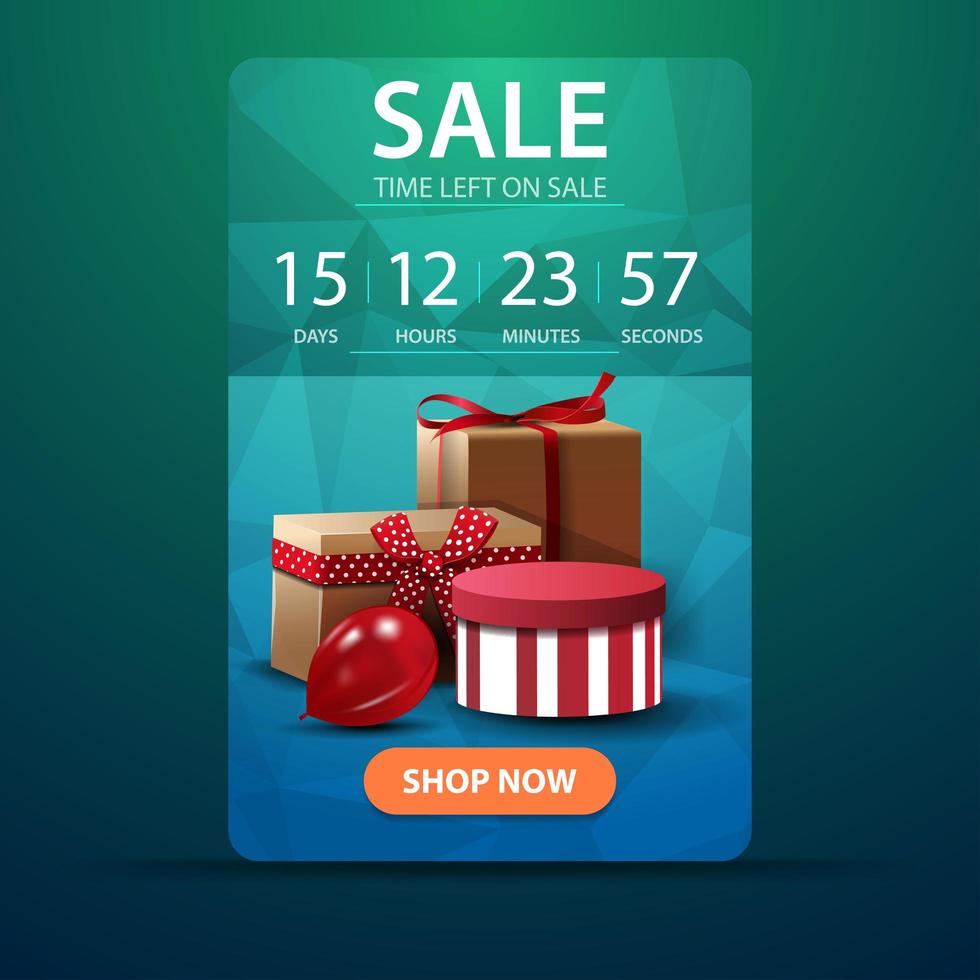 Discount vertical green banner with a timer for the end of the promotion vector