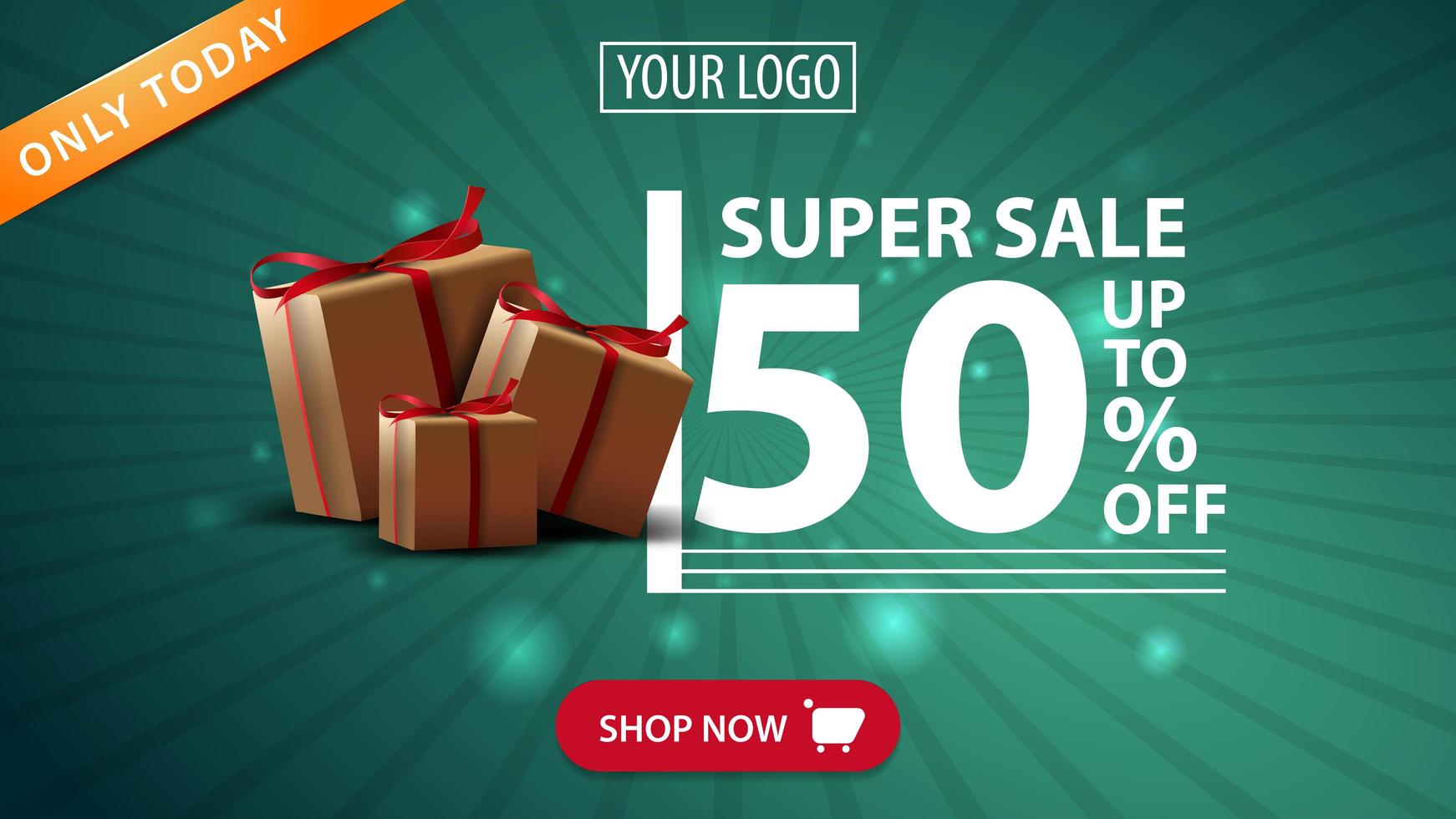 Only today, super sale, up to 50 off, horizontal green discount banner with gift box vector