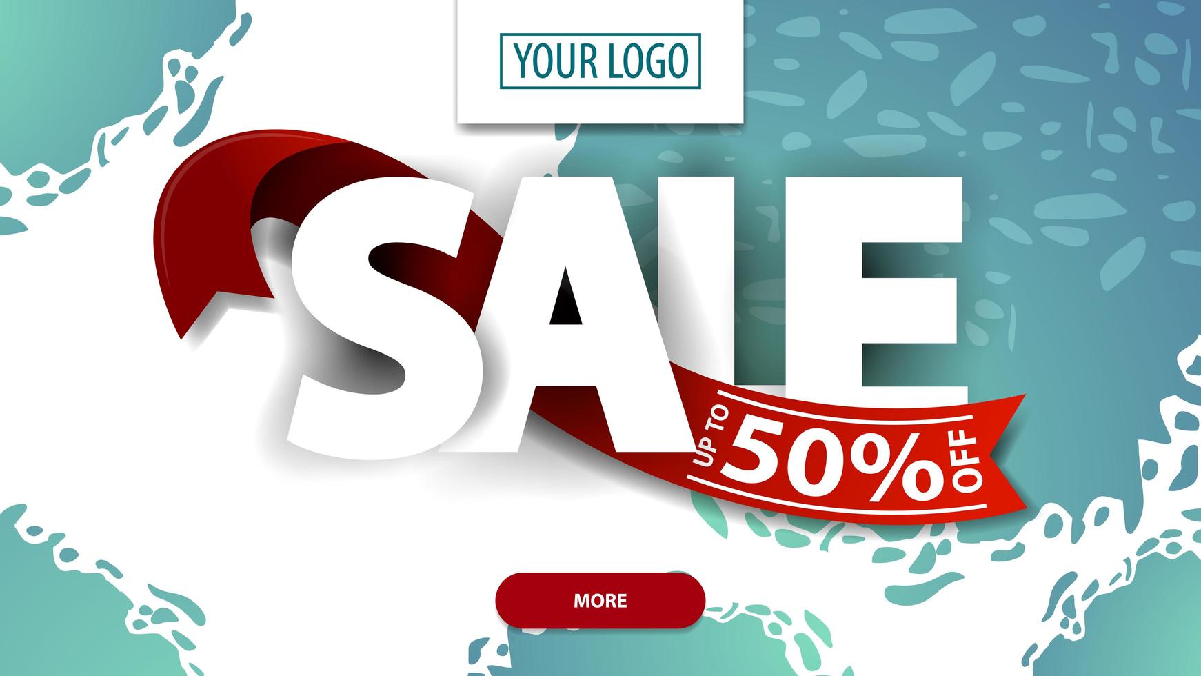 Sale, up to 50 off, white and blue discount banner with large letters and red ribbon vector