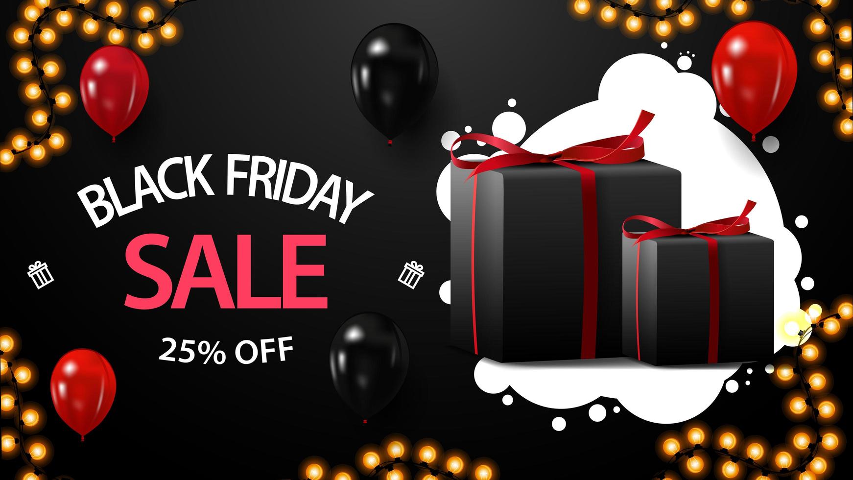 Black Friday sale, up to 25 off, black horizontal discount coupon with gifts, balloons and garland vector