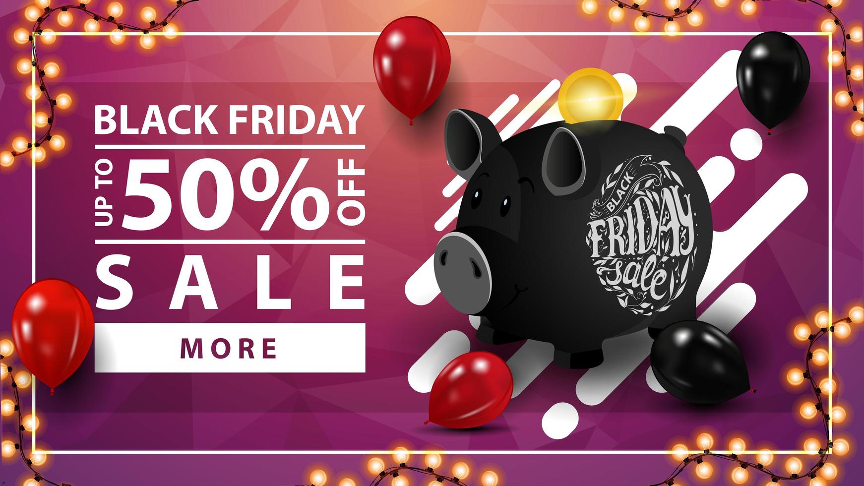 Black Friday sale, up to 50 off, pink horizontal discount web banner with black piggy bank vector