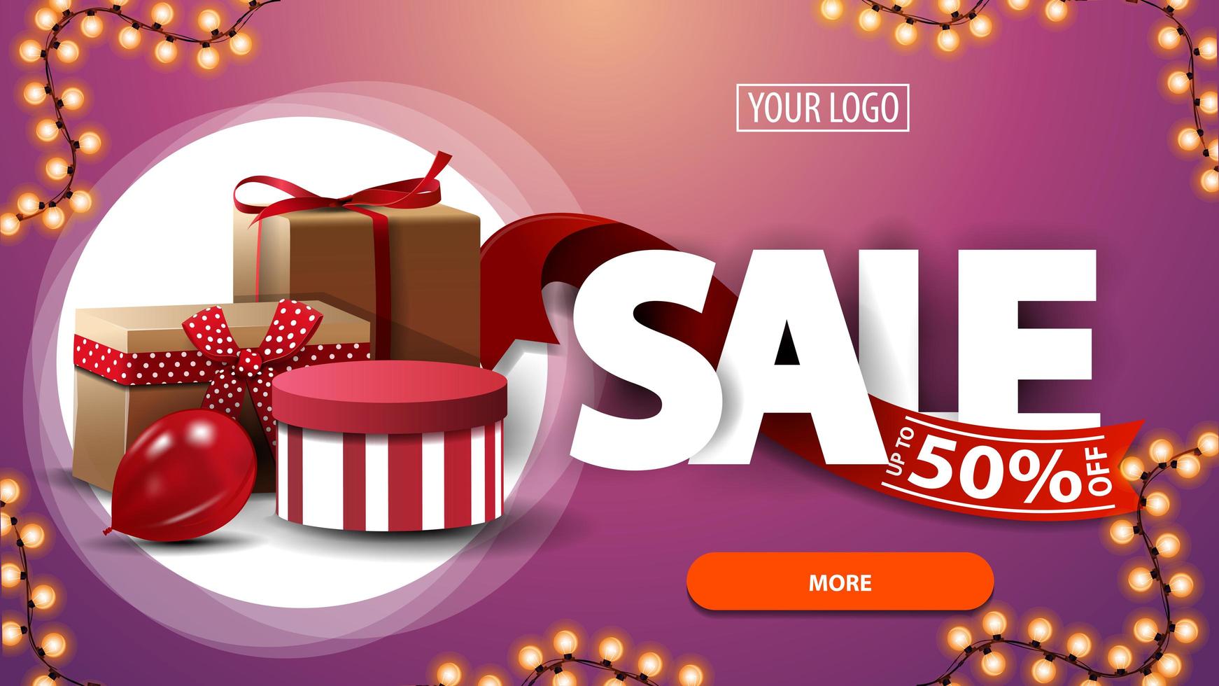 Sale, up to 50 off, pink discount banner for website with gift boxes vector