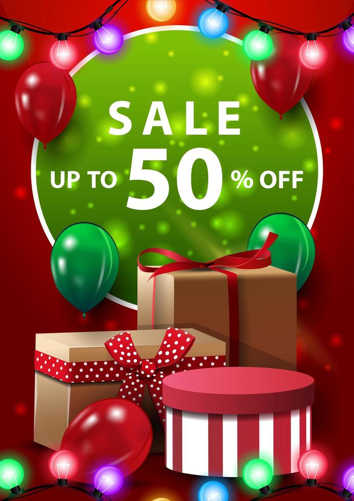 venta, hasta 50 de descuento, banner vertical rojo con globos, guirnaldas y regalos vector