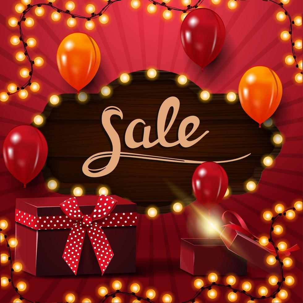 Square festive red discount banner with balloons and gifts vector