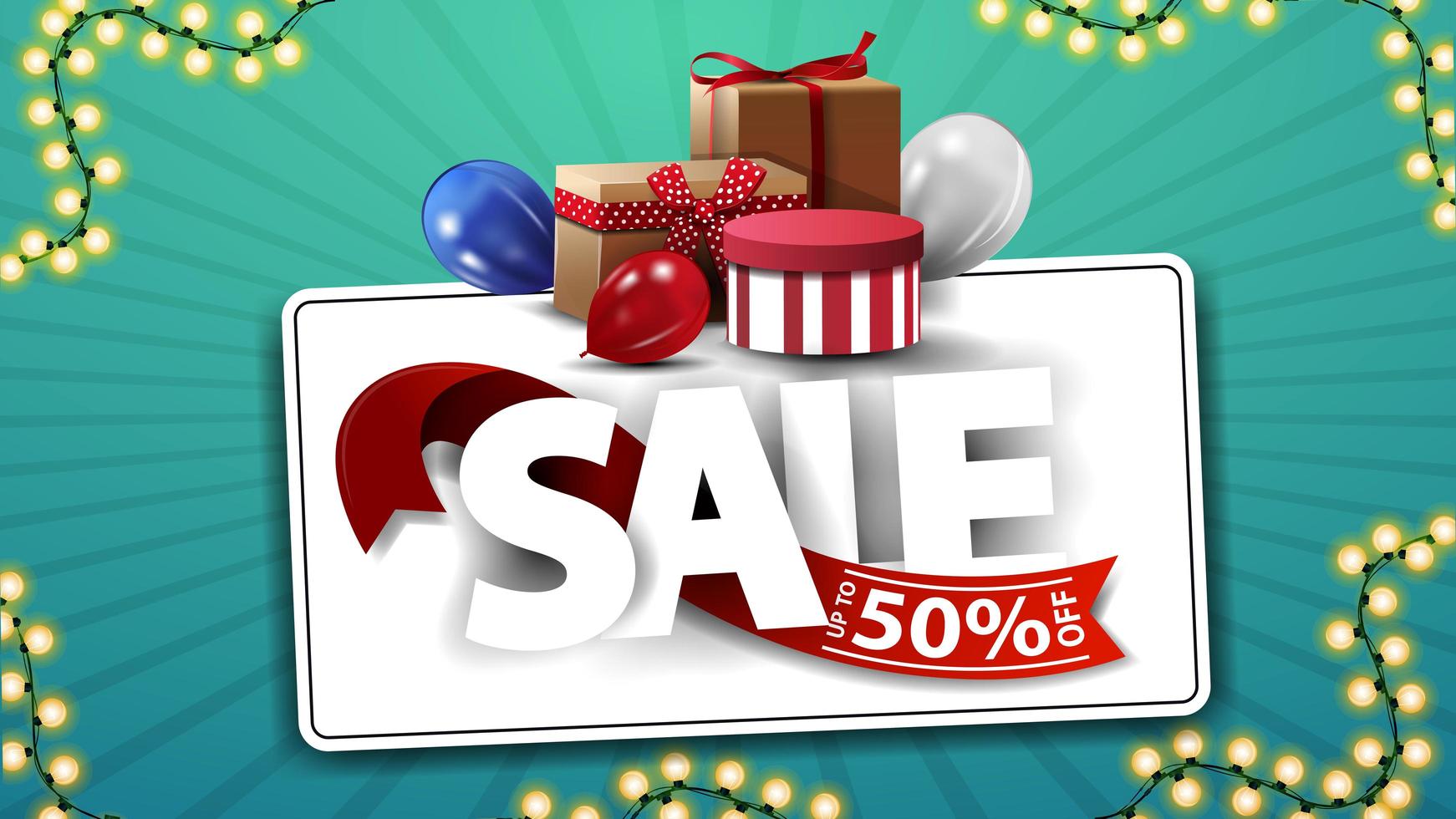 Sale, up to 50 off, horizontal coupon with large letters, gift boxes and balloons vector