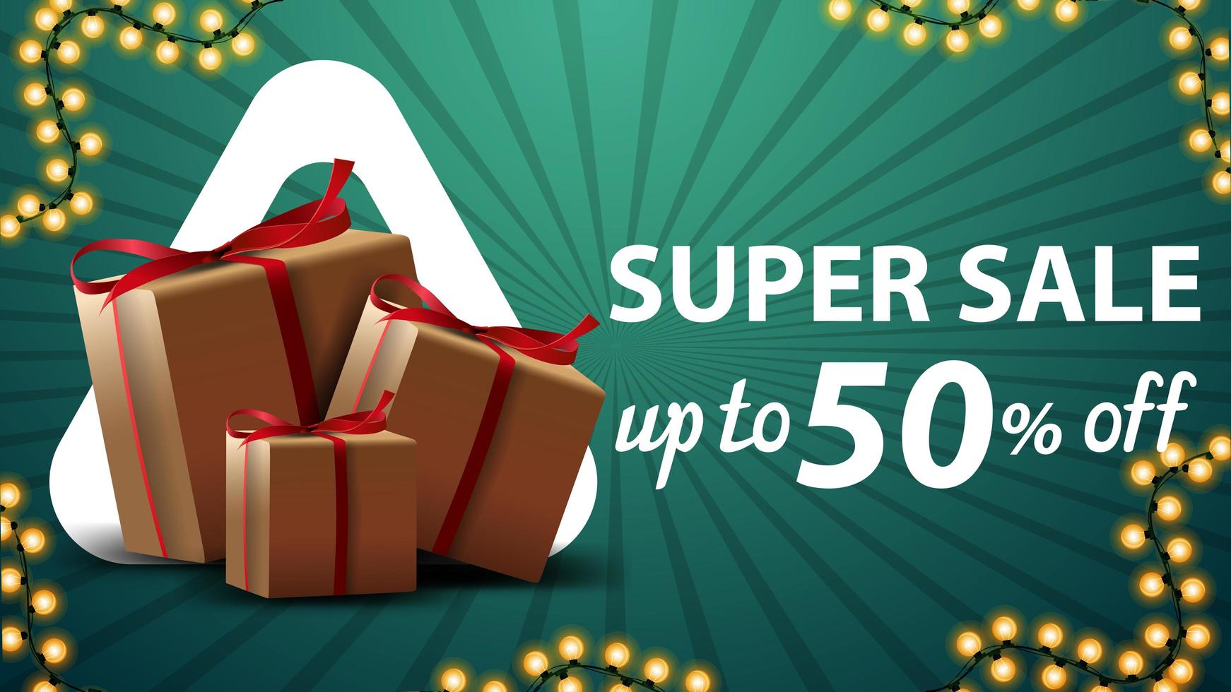 Green discount banner for website with gift boxes vector
