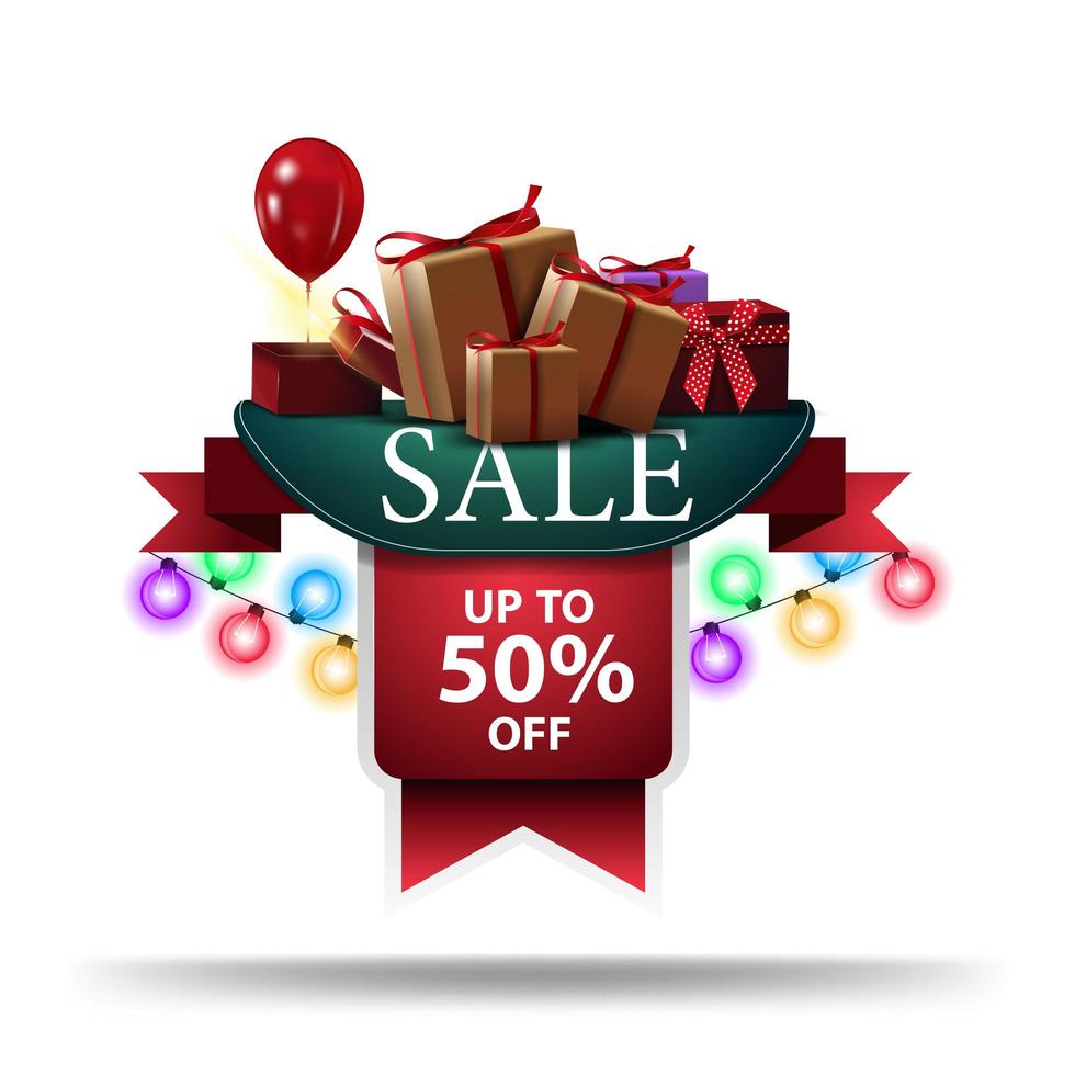 Sale, up to 50 off, discount banner in the form of ribbon with garland and gifts isolated on white background vector