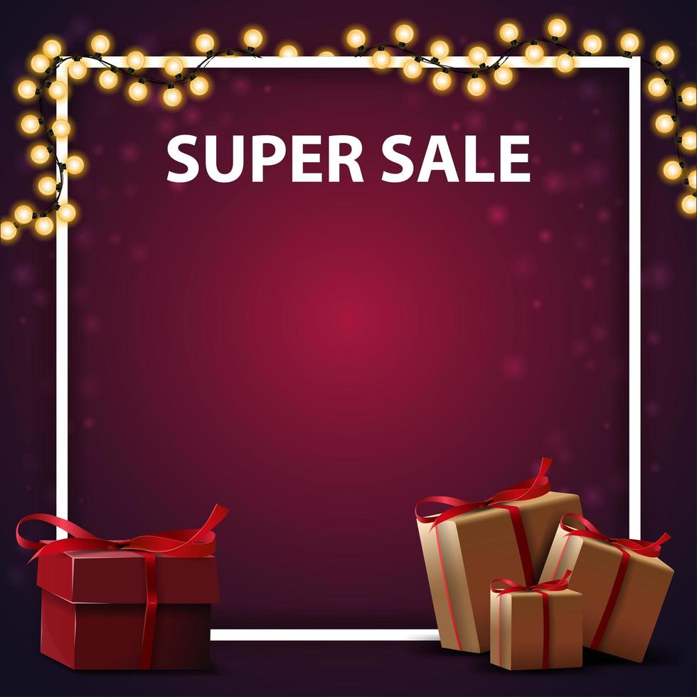 Super sale, square purple discount banner with gift box and place for your text vector