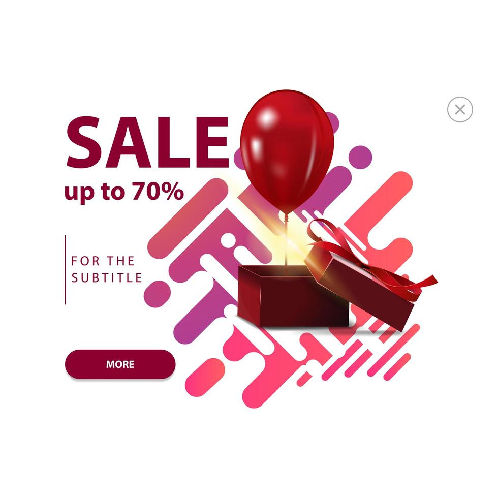 Sale, up to 70 off, modern color banner with gift box and balloon isolated on white background vector