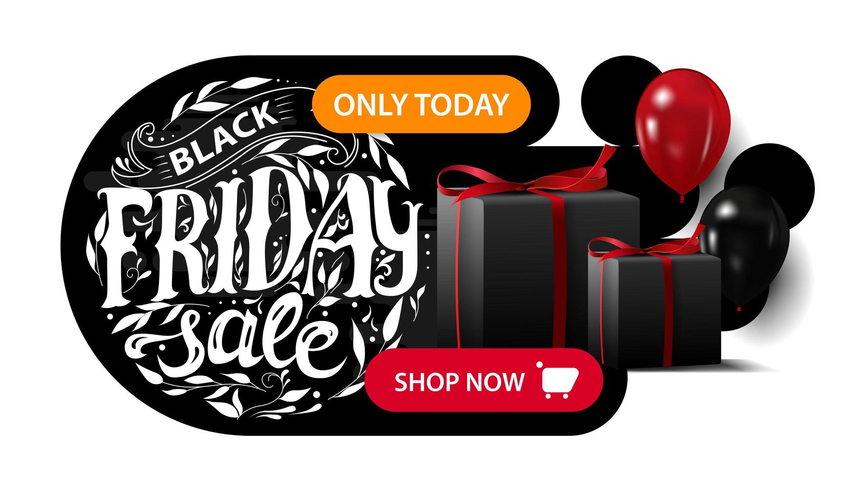 Black Friday sale, horizontal black discount banner with beautiful round lettering, gifts and balloons. vector
