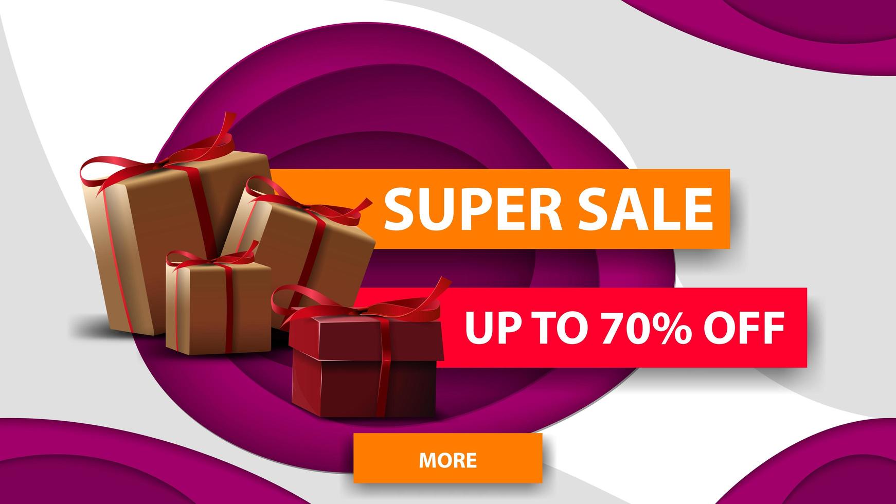 super venta, hasta 70 de descuento, banner de descuento horizontal blanco y morado en estilo de corte de papel con cajas de regalo vector