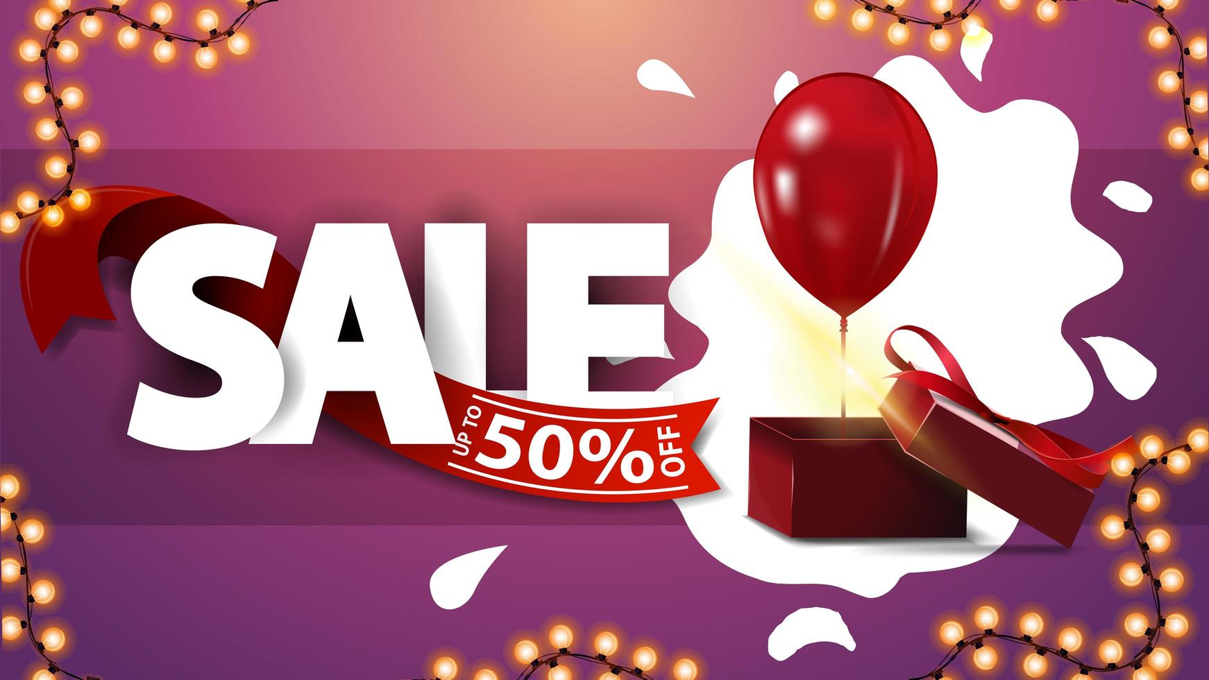 Sale, up to 50 off, pink discount banner with garland and gift box with balloon vector