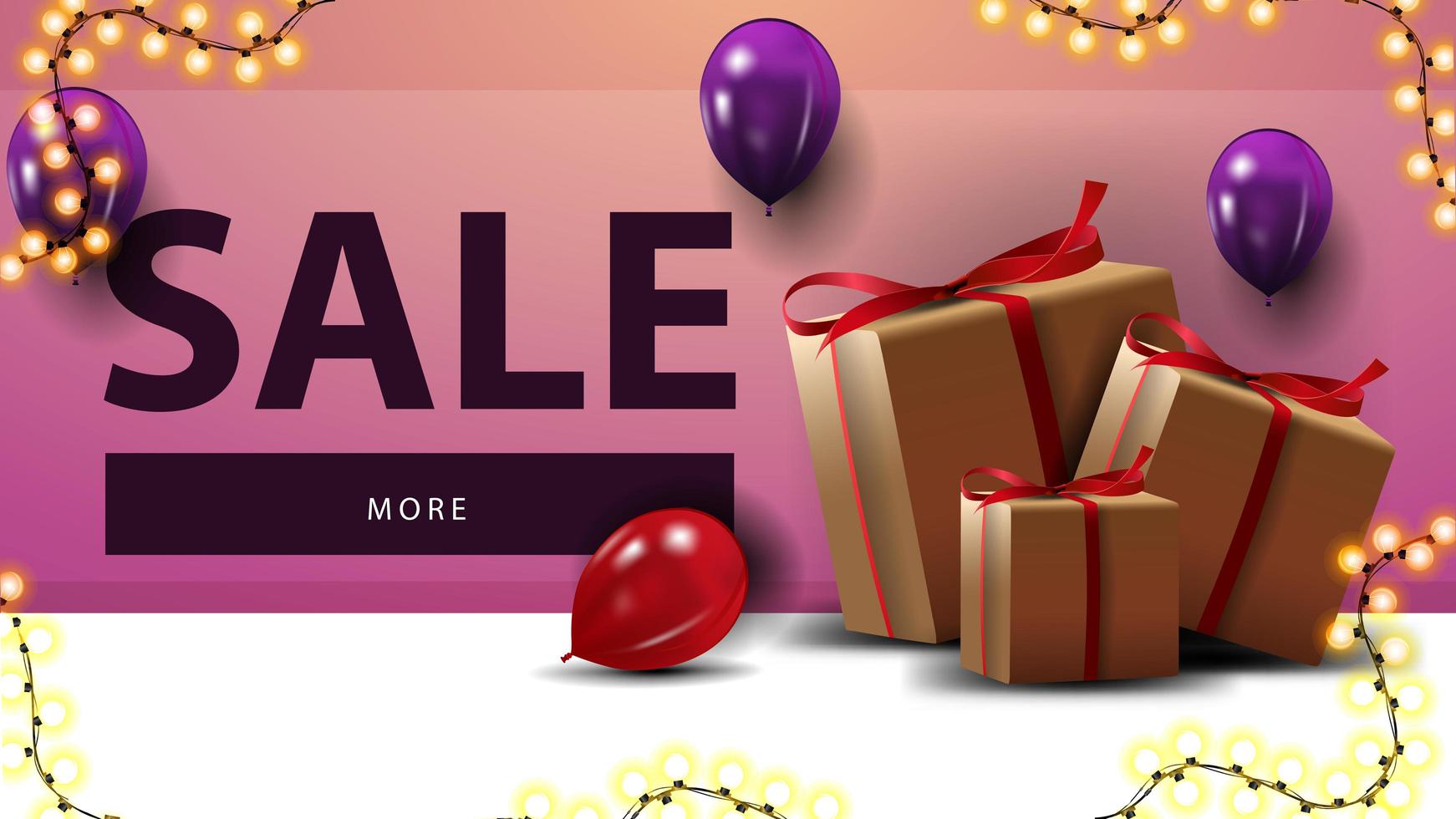 Sale, pink discount banner for website with gift boxes and balloons vector
