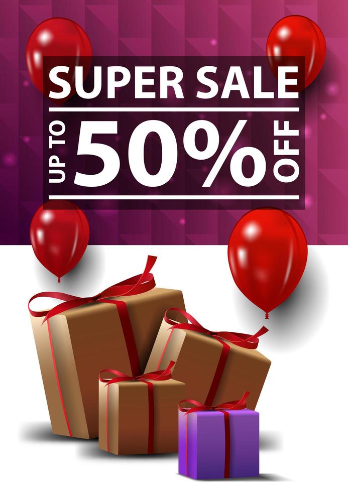 super venta, hasta 50 de descuento, banner vertical blanco y morado con textura poligonal y cajas de regalo vector