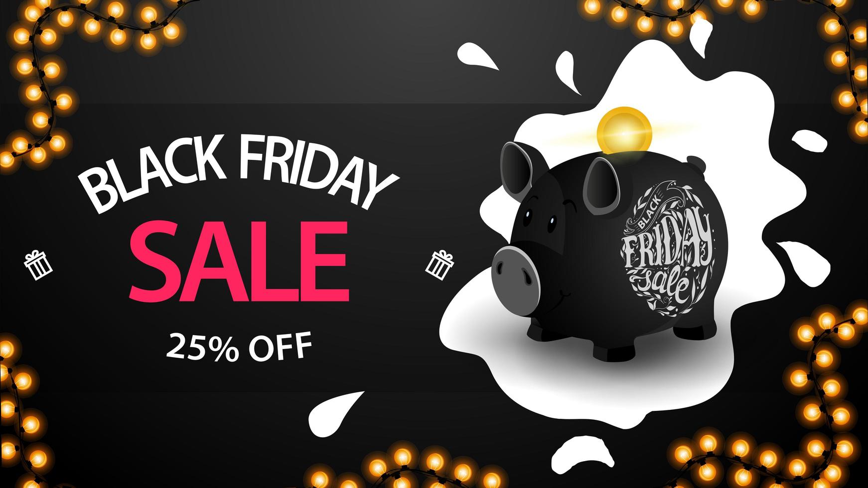 Black Friday sale, up to 25 off, black horizontal discount web banner with black piggy bank vector