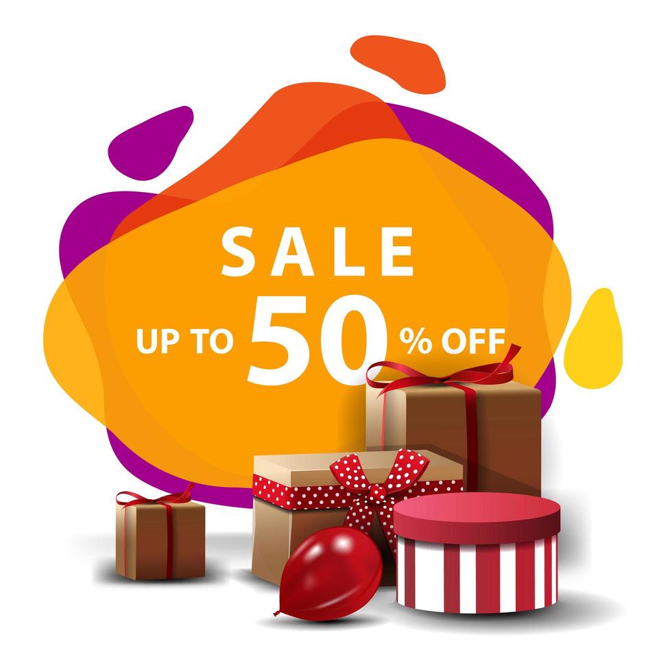 Sale, up to 50 off, colorful discount banner in lava lamp style with gifts vector