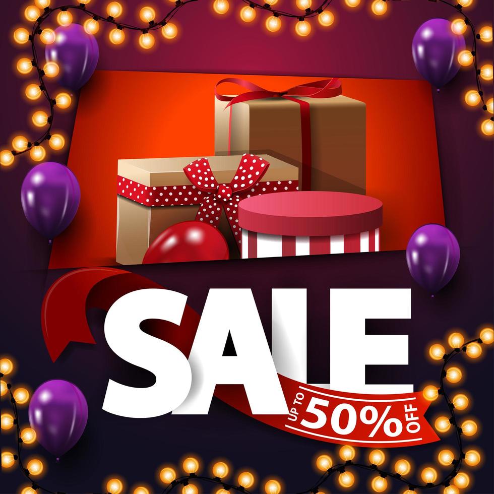 Sale, up to 50 off, square purple discount banner with large letters and gift boxes vector