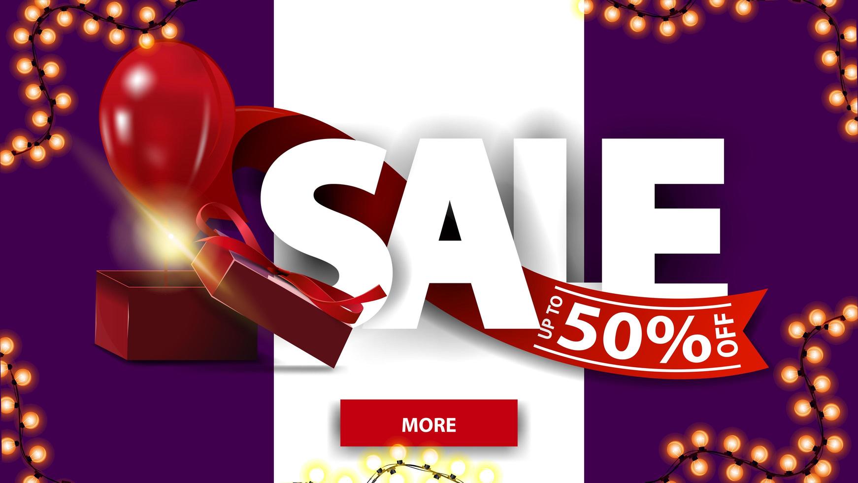 Sale, up to 50 off, horizontal purple and white discount banner with large letters, red ribbon, gift box and balloon. vector