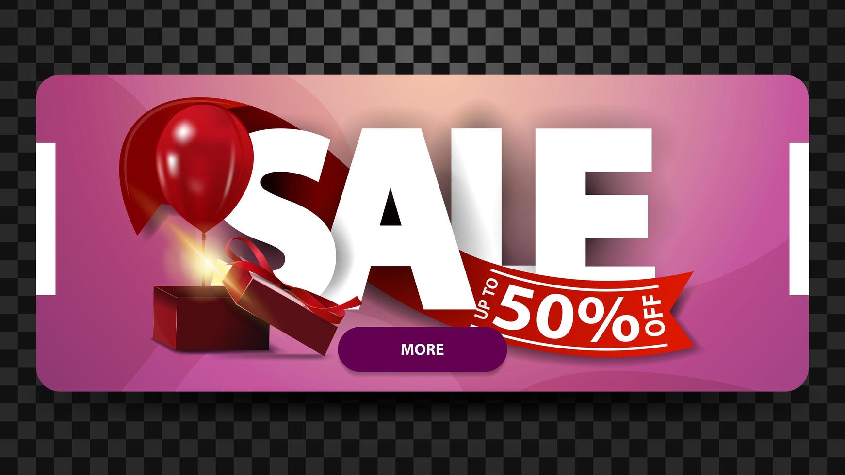 Sale, up to 50 off, horizontal pink banner with large letters, red ribbon and gift with balloon vector