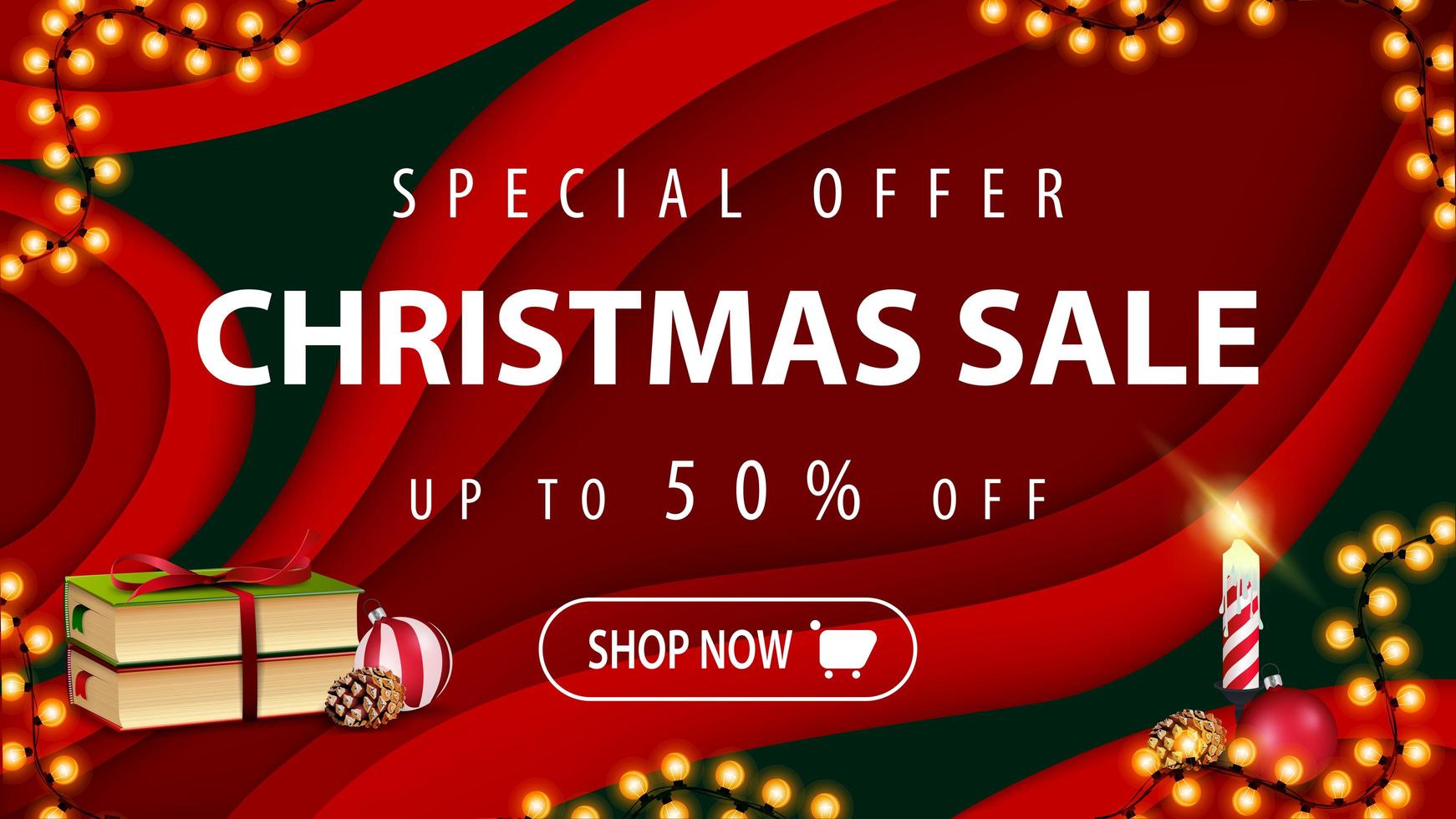 Special offer, Christmas sale, up to 50 off, red discount banner in paper cut style with Christmas books, Christmas ball, candle and cone vector