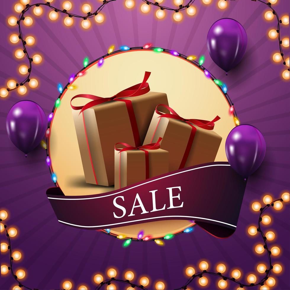 Square purple discount banner with gift boxes and purple balloons vector