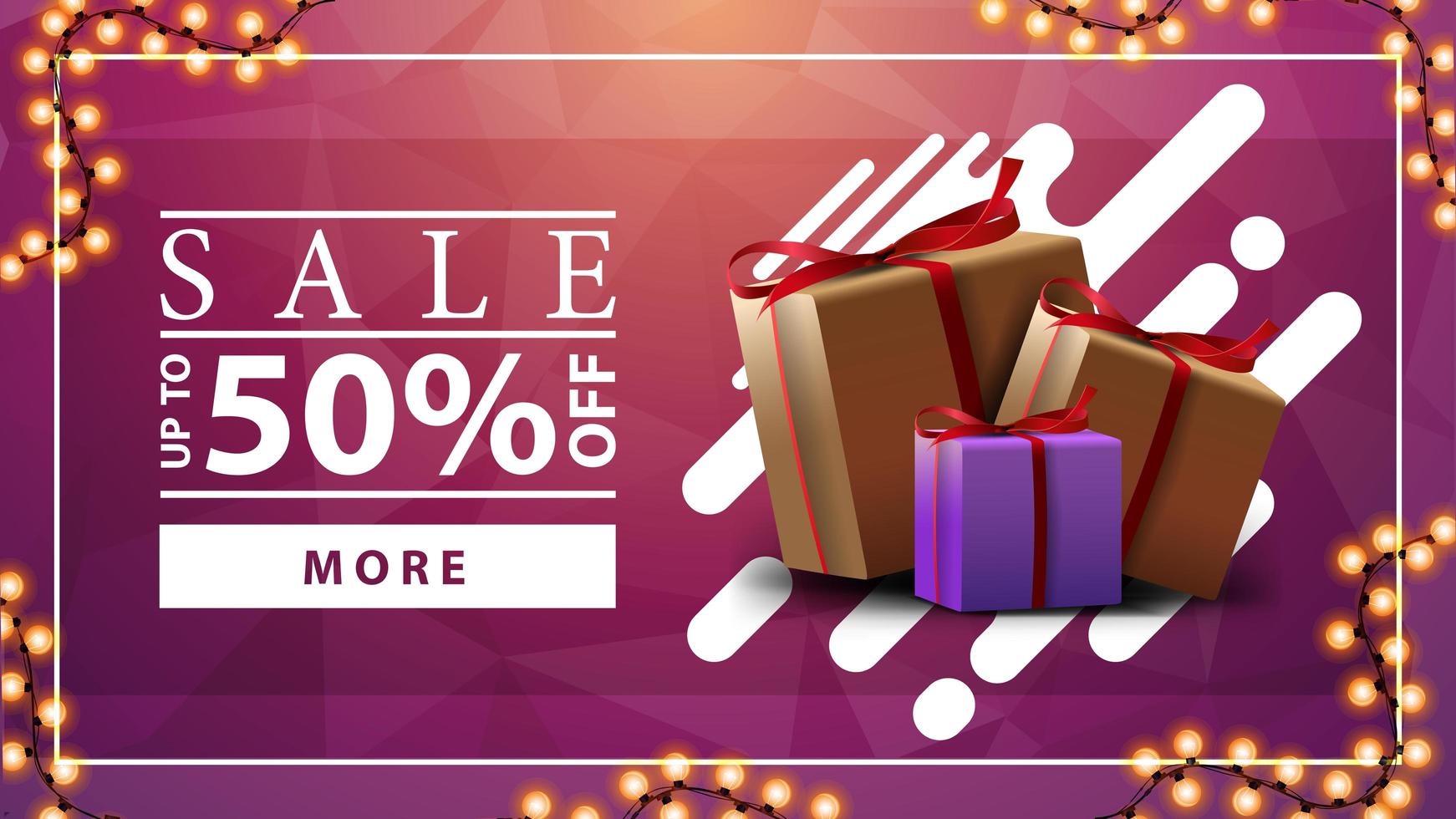 Sale, up to 50 off, pink horizontal discount banner with garland and gift boxes vector