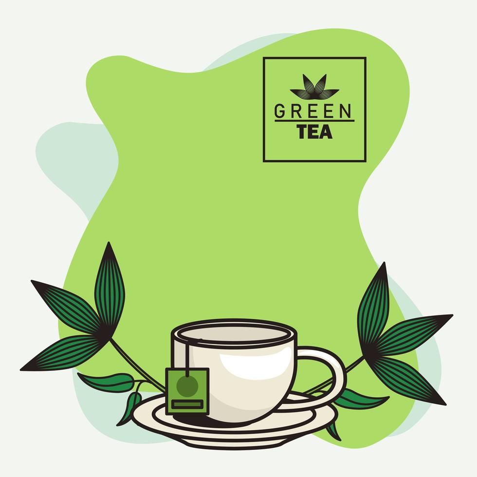 cartel de letras de té verde con taza de té y hojas vector
