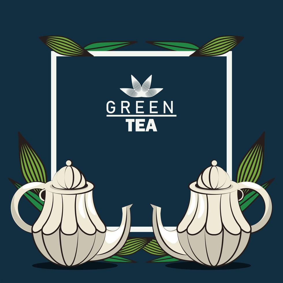 green tea lettering poster with teapots in square frame vector