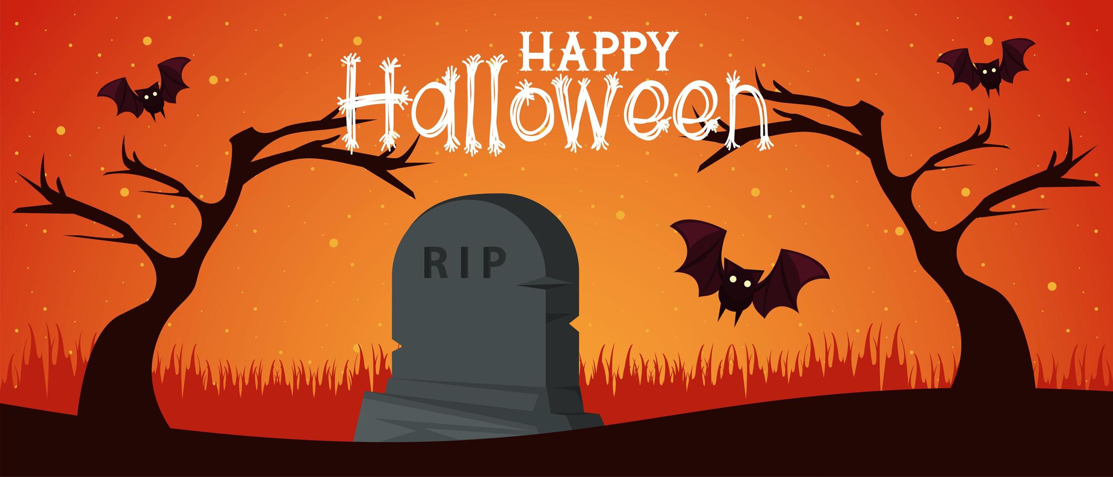 happy halloween celebration card with bats flying in cemetery vector