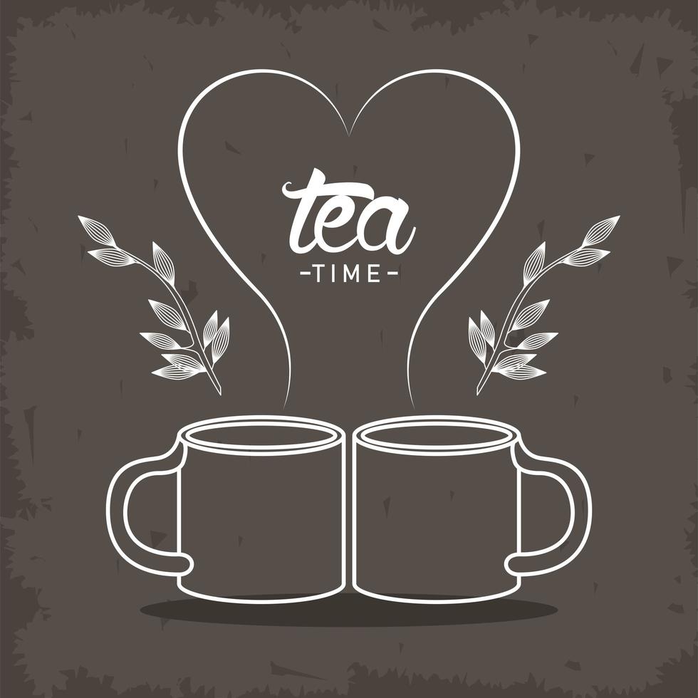 tea time lettering poster with mugs and leaves vector