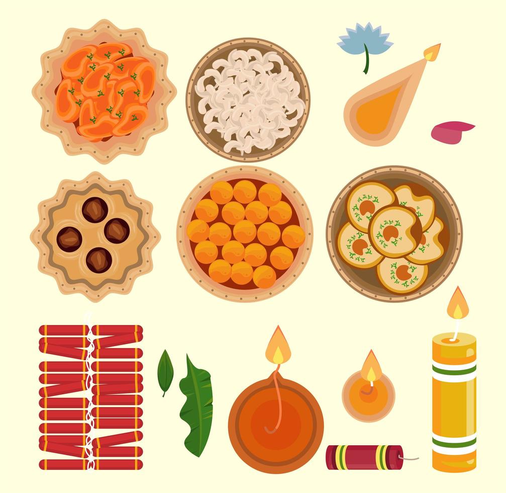 happy diwali celebration icon set vector