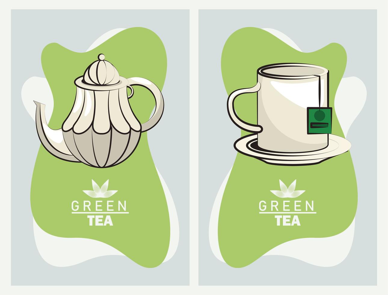green tea lettering poster with teapot and mug vector