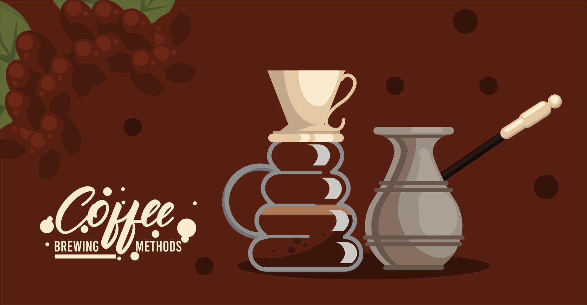 pour over and turkish coffee brewing methods vector