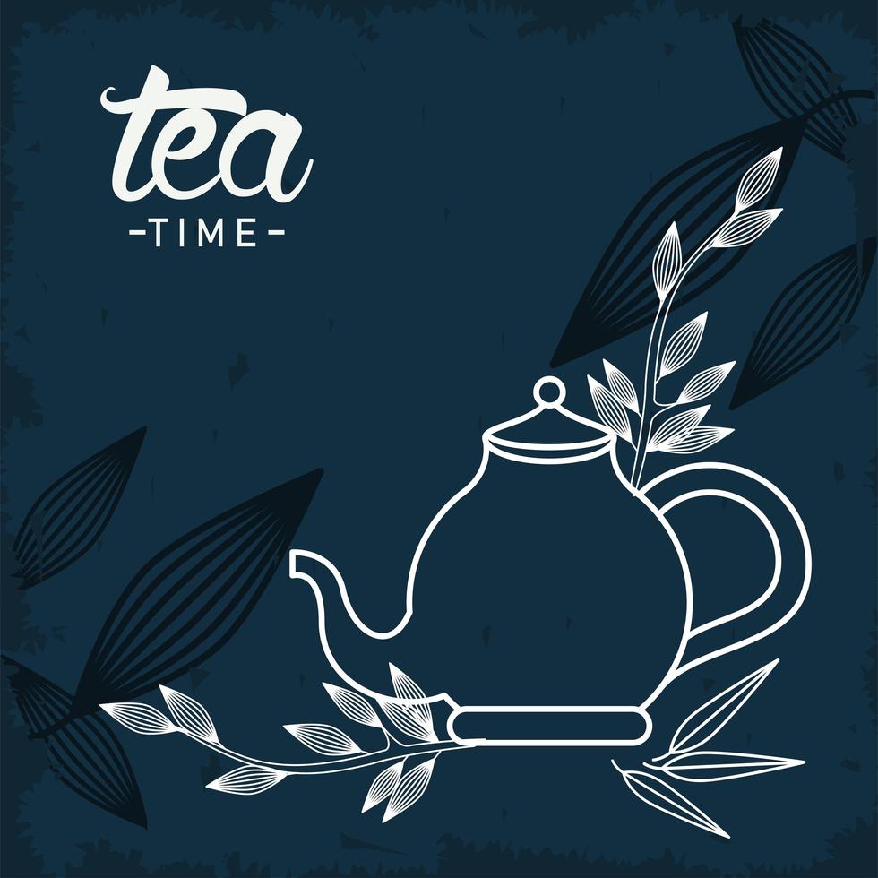tea time lettering poster with teapot and leaves vector