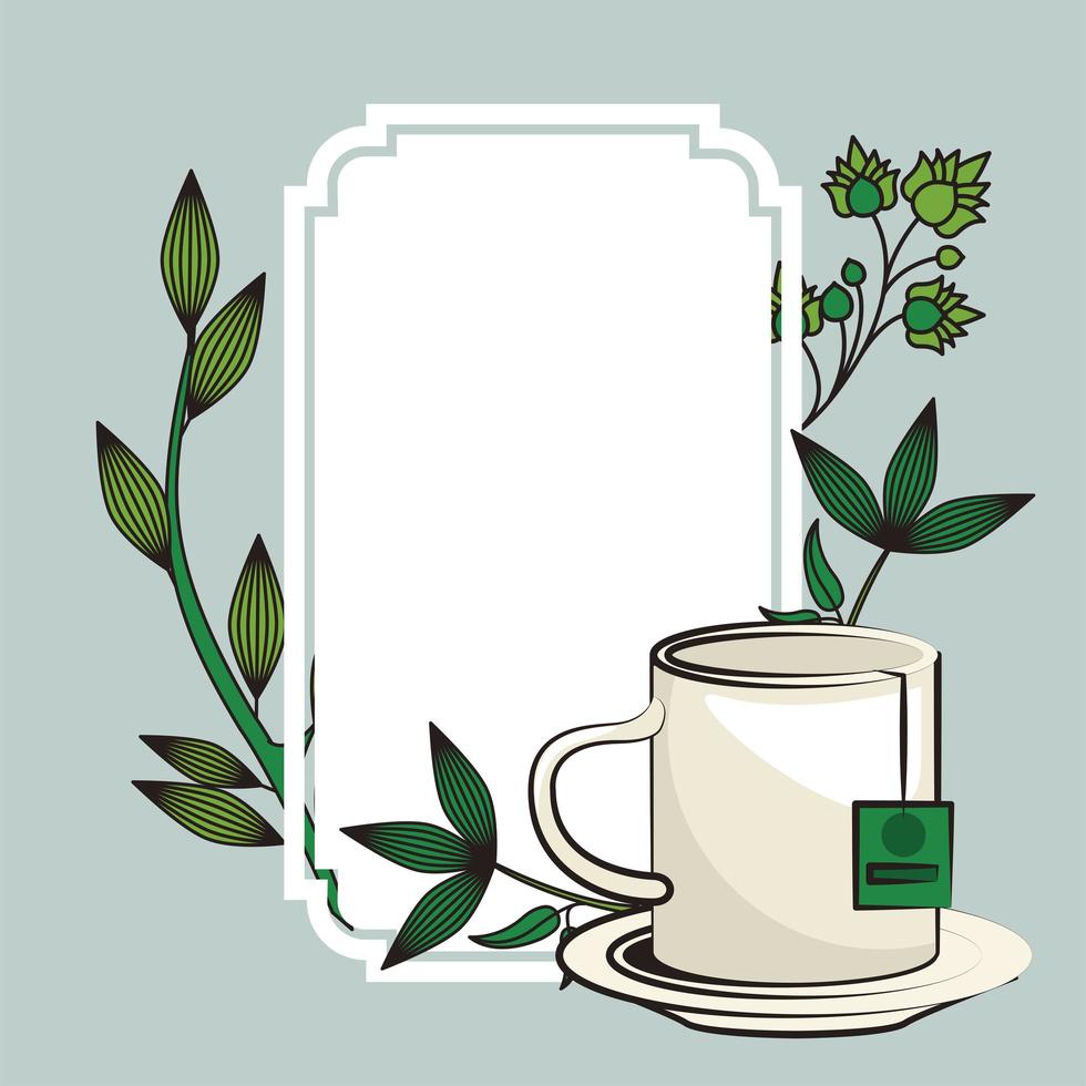 tea beverage poster with mug and leaves vector