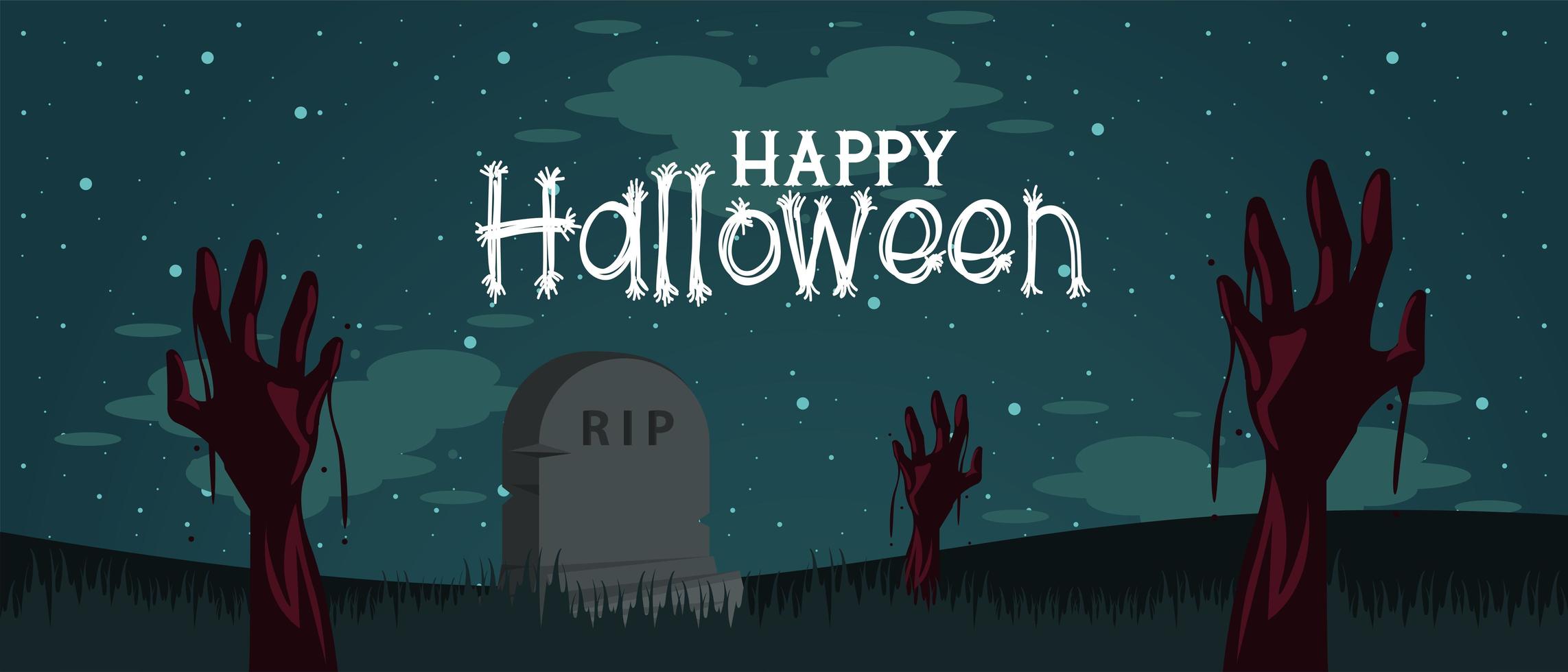 happy halloween celebration card with hands zombies in cemetery vector