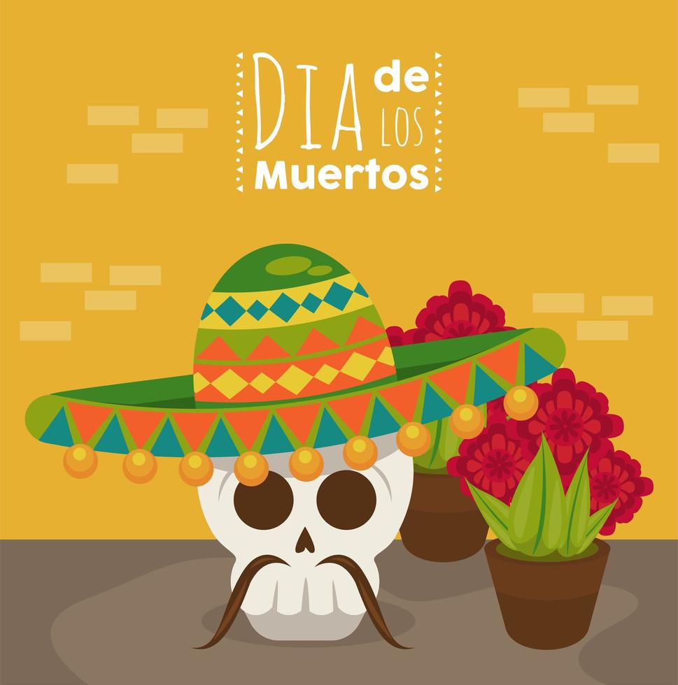 cartel del dia de los muertos con calavera de mariachi y flores vector