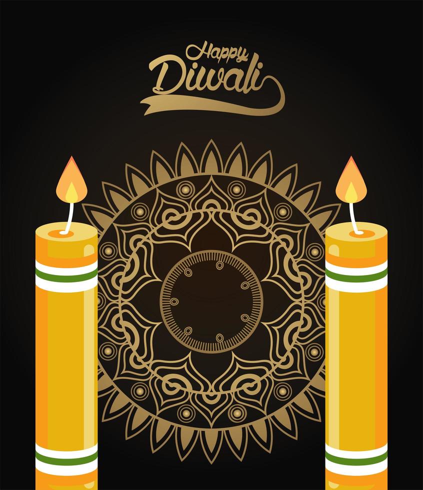 happy diwali celebration with two candles and golden mandala vector