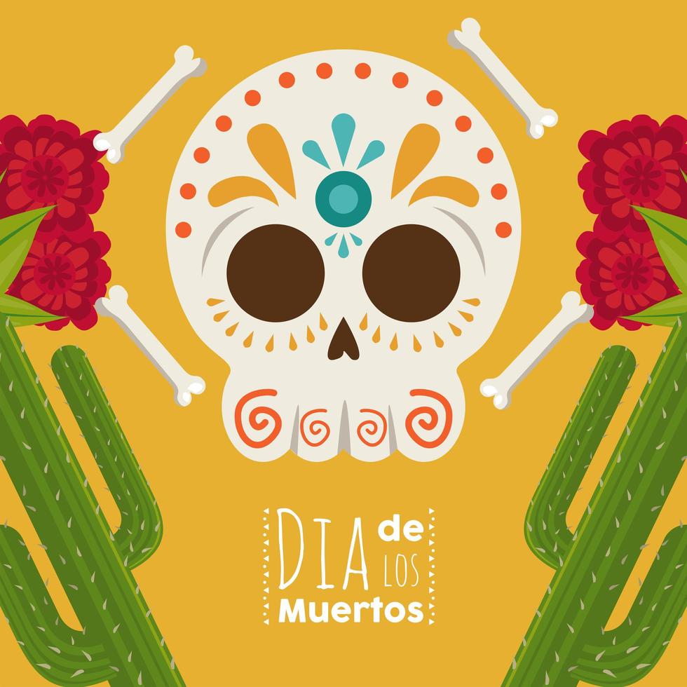 cartel de dia de los muertos con calavera de mariachi y cactus vector