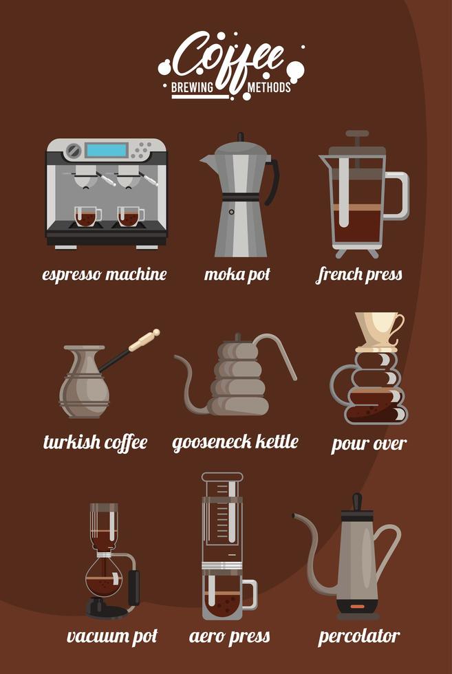 Conjunto de iconos de paquete de nueve métodos de preparación de café vector