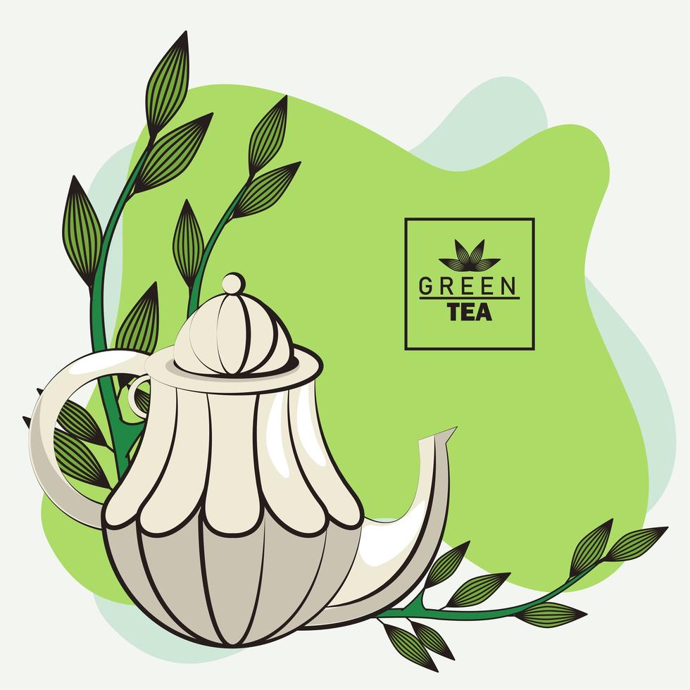 green tea lettering poster with teapot and leaf vector