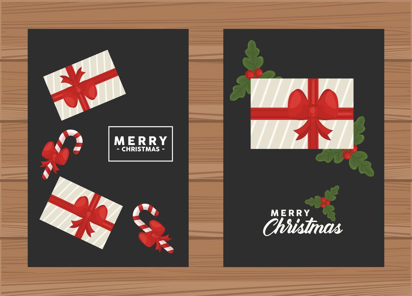 Feliz Navidad leyendas con regalos y bastones en fondo de madera vector