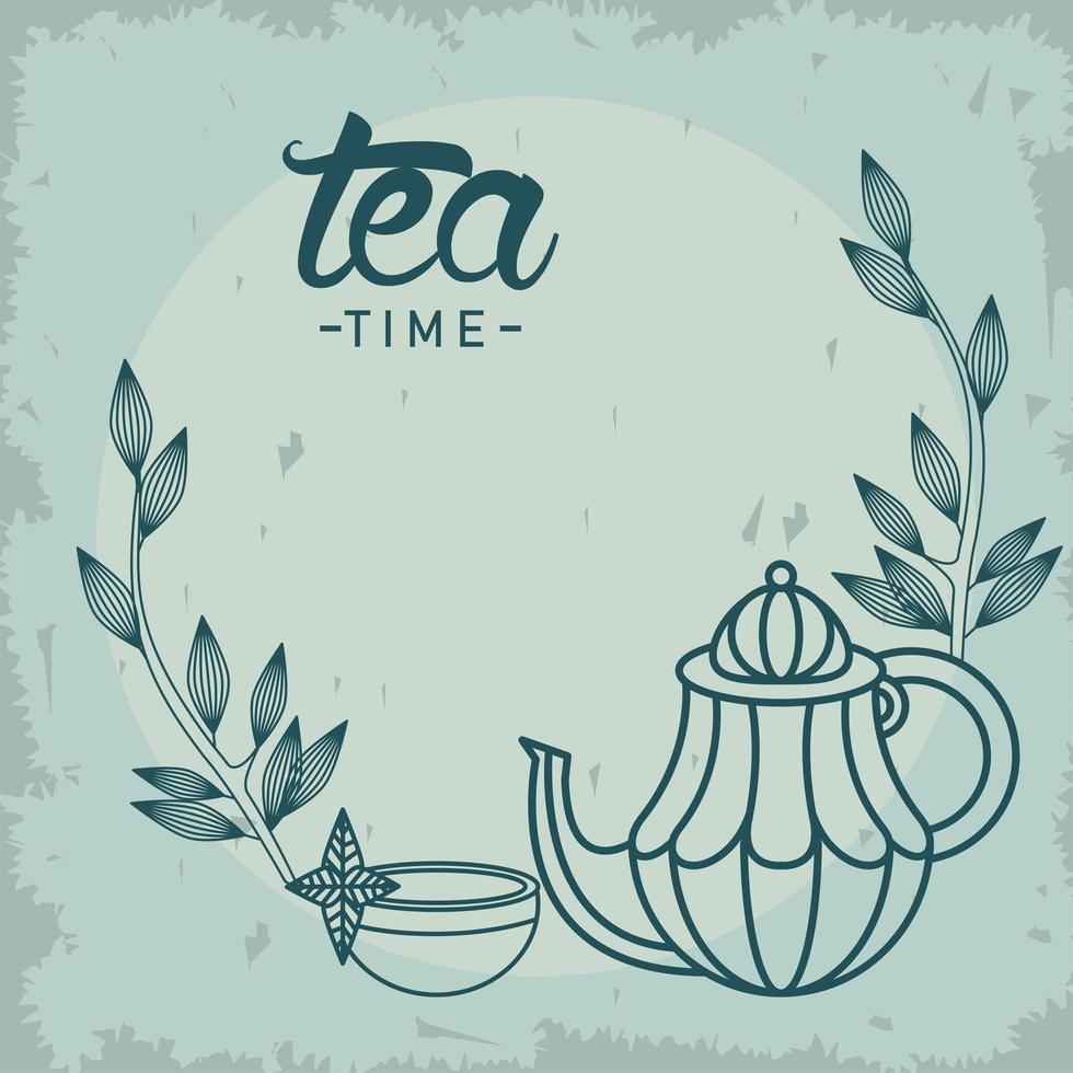 cartel de letras de la hora del té con tetera y taza de té vector