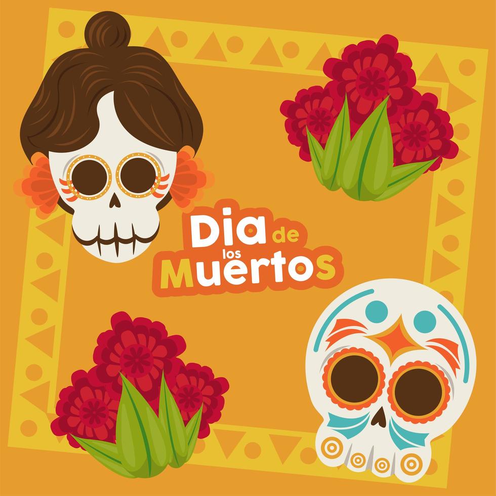 cartel del dia de los muertos con katrina y cabeza calaveras y flores vector