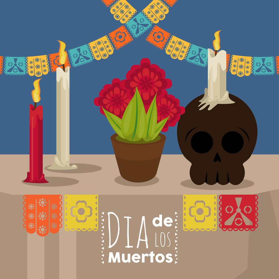 dia de los muertos poster with skull and flowers vector