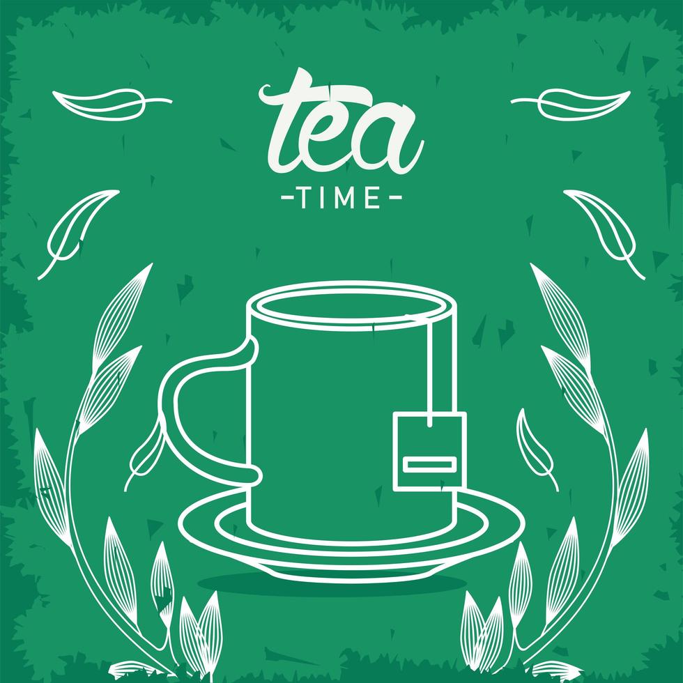 cartel de letras de la hora del té con taza de té y hojas vector