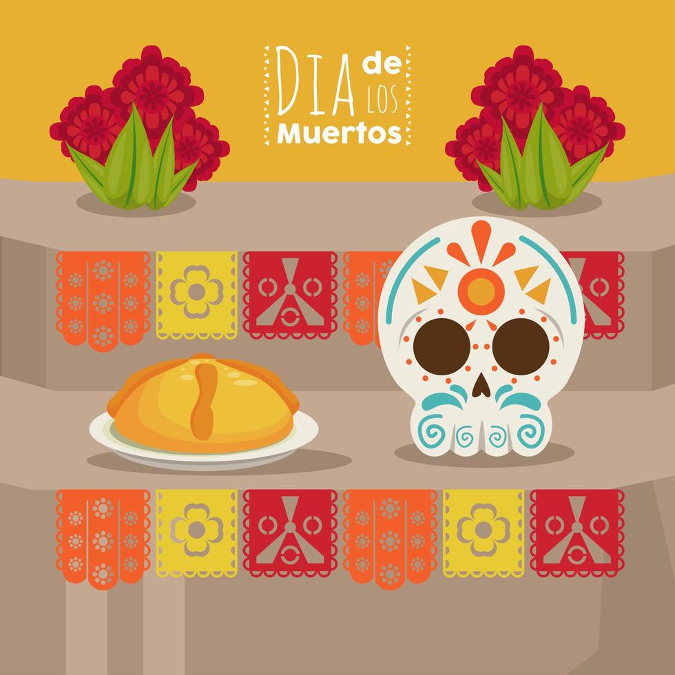 cartel del dia de los muertos con cabeza de calavera y comida vector