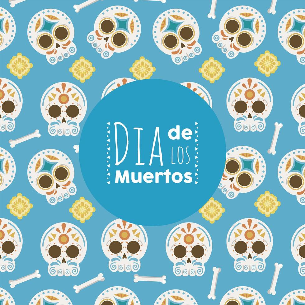 dia de los muertos poster with head skulls pattern vector