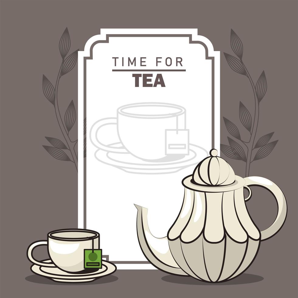 time for tea lettering poster with teapot and cup vector