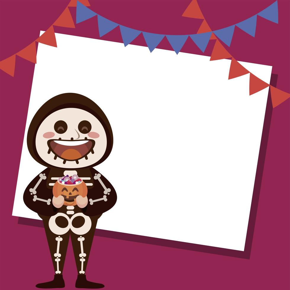 happy halloween party with skeleton and garlands hanging vector